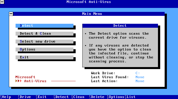 Microsoft Anti-Virus for MS-DOS Main Menu (1993)